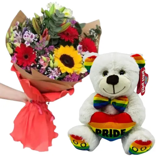 RAMO DE FLORES DE ESTACION CON PELUCHE PRIDE